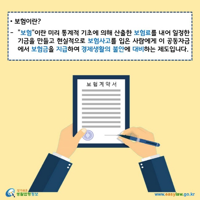 보험이란? "보험"이란 미리 통계적 기초에 의해 산출한 보험료를 내어 일정한기금을 만들고 현실적으로 보험사고를 입은 사람에게 이 공동자금에서 보험금을 지급하여 경제생활의 불안에 대비하는 제도입니다. 찾기쉬운 생활법령정보 로고 www.easylaw.go.kr