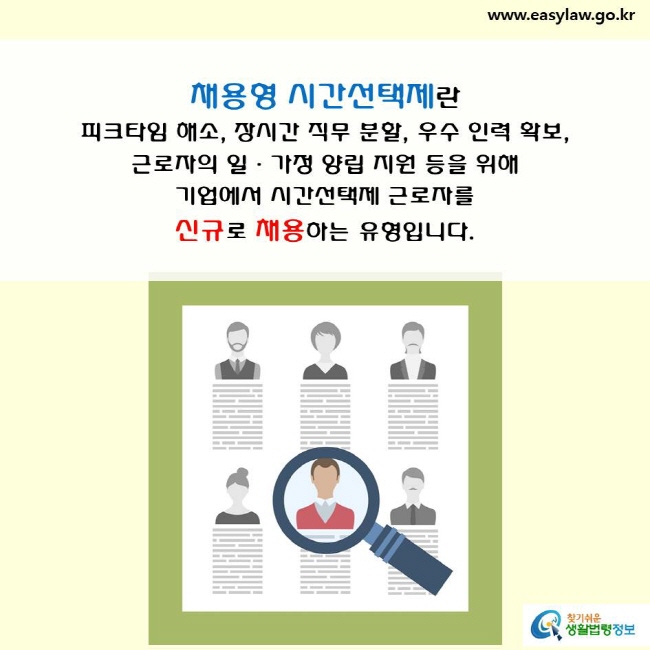 채용형 시간선택제란 피크타임 해소, 장시간 직무 분할, 우수 인력 확보, 근로자의 일·가정 지원 등을 위해 기업에서 시간선택제 근로자를 신규로 채용하는 유형입니다.