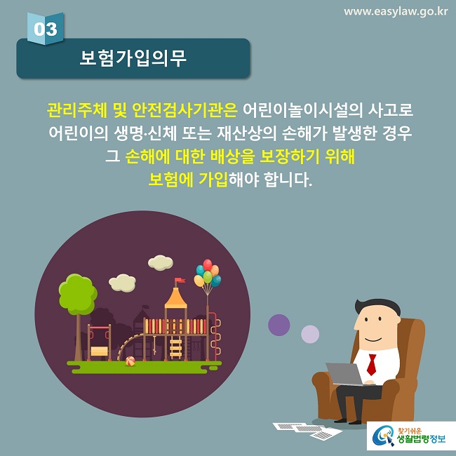 03 보험가입의무
관리주체 및 안전검사기관은 어린이놀이시설의 사고로 
어린이의 생명·신체 또는 재산상의 손해가 발생한 경우 
그 손해에 대한 배상을 보장하기 위해 
보험에 가입해야 합니다.
