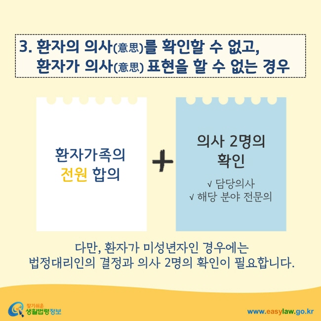 환자의 의사(意思)를 확인할 수 없고, 환자가 의사(意思) 표현을 할 수 없는 경우 환자가족의 전원 합의와 의사 2명(담당의사와 해당 분야 전문의)의 확인이 필요합니다. 다만, 환자가 미성년자인 경우에는 법정대리인의 결정과 의사 2명의 확인이 필요합니다. 