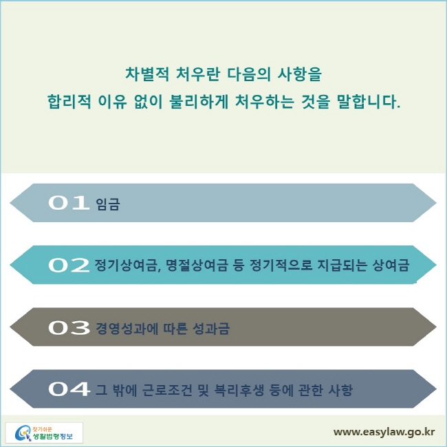 차별적 처우란 다음의 사항을 합리적 이유 없이 불리하게 처우하는 것을 말합니다.
1.임금
2. 정기상여금, 명절상여금 등 정기적으로 지급되는 상여금
3. 경영성과에 따른 성과금
4. 그 밖에 근로조건 및 복리후생 등에 관한 사항