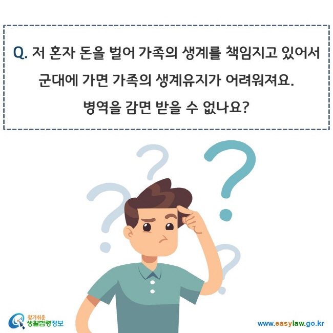 www.easylaw.go.kr Q. 저 혼자 돈을 벌어 가족의 생계를 책임지고 있어서 군대에 가면 가족의 생계유지가 어려워져요. 병역을 감면 받을 수 없나요?