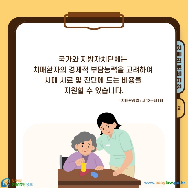 국가와 지방자치단체는&nbsp; 치매환자의 경제적 부담능력을&nbsp;고려하여&nbsp; 치매 치료 및 진단에 드는 비용을&nbsp; 지원할 수 있습니다.