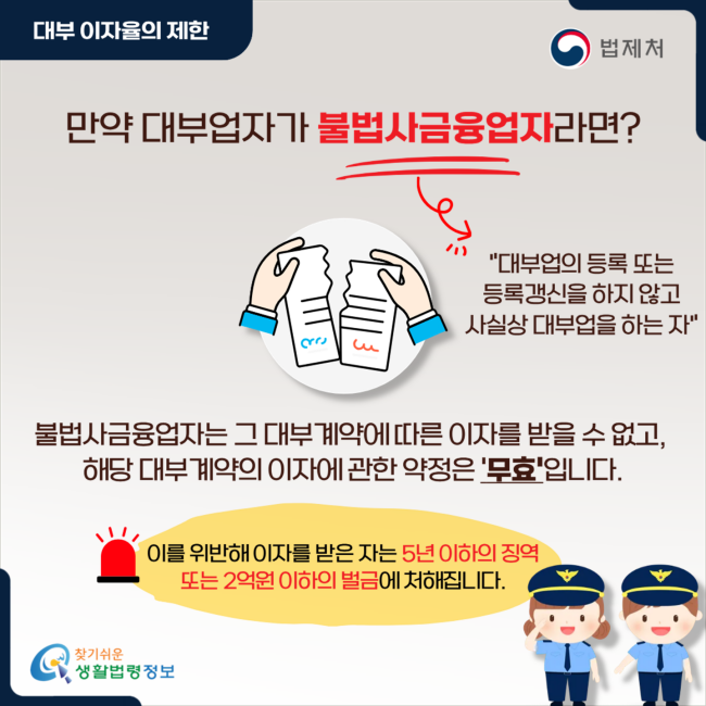 대부 이자율의 제한 만약 대부업자가 불법사금융업자라면? "대부업의 등록 또는 등록갱신을 하지 않고 사실상 대부업을 하는 자" 불법사금융업자는 그 대부계약에 따른 이자를 받을 수 없고, 해당 대부계약의 이자에 관한 약정은 '무효'입니다. 이를 위반해 이자를 받은 자는 5년 이하의 징역 또는 2억원 이하의 벌금에 처해집니다.