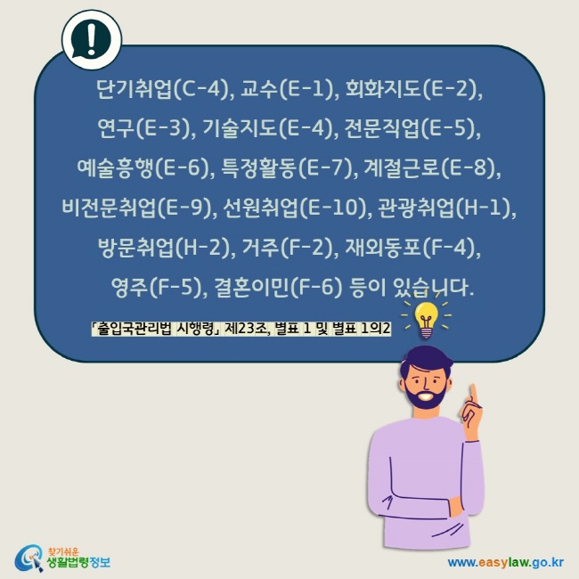 단기취업(C-4), 교수(E-1), 회화지도(E-2),  연구(E-3), 기술지도(E-4), 전문직업(E-5), 예술흥행(E-6), 특정활동(E-7), 계절근로(E-8), 비전문취업(E-9), 선원취업(E-10), 관광취업(H-1), 방문취업(H-2), 거주(F-2), 재외동포(F-4),  영주(F-5), 결혼이민(F-6) 등이 있습니다. 「출입국관리법 시행령」 제23조, 별표 1 및 별표 1의2