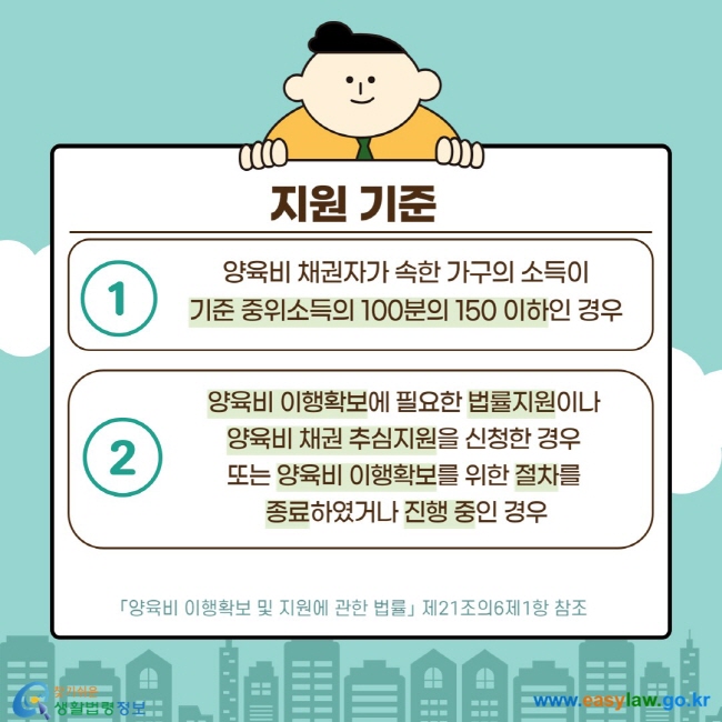 지원기준. 1. 기준 중위소득 100분의 150 이하인 경우. 2. 양육비 이행확보에 필요한 법률지원이나 양육비 채권 추심지원을 신청한 경우 또는 양육비 이행확보를 위한 절차를 종료하였거나 진행 중인 경우