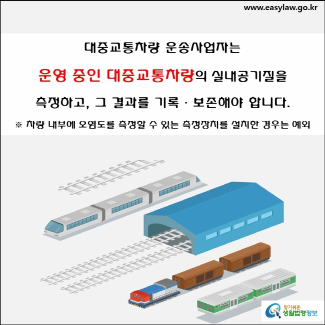 대중교통차량 운송사업자는 운영 중인 대중교통차량의 실내공기질을 측정하고, 그 결과를 기록ᆞ보존해야 합니다.

※ 차량 내부에 오염도를 측정할 수 있는 측정장치를 설치한 경우는 예외