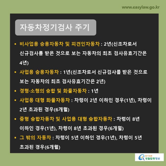 비사업용 승용자동차 및 피견인자동차 : 2년(신조차로서 신규검사를 받은 것으로 보는 자동차의 최초 검사유효기간은 4년)
사업용 승용자동차 : 1년(신조차로서 신규검사를 받은 것으로 보는 자동차의 최초 검사유효기간은 2년)
경형·소형의 승합 및 화물자동차 : 1년
사업용 대형 화물자동차 : 차령이 2년 이하인 경우(1년), 차령이 2년 초과된 경우(6개월)
중형 승합자동차 및 사업용 대형 승합자동차 : 차령이 8년 이하인 경우(1년), 차령이 8년 초과된 경우(6개월)
그 밖의 자동차 : 차령이 5년 이하인 경우(1년), 차령이 5년 초과된 경우(6개월) 
