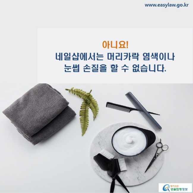 www.easylaw.go.kr 아니요! 네일샵에서는 머리카락 염색이나 눈썹 손질을 할 수 없습니다.