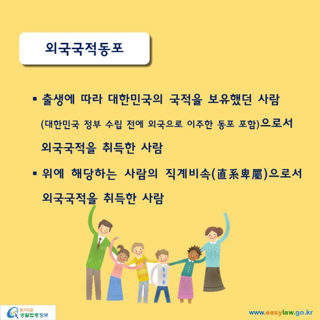 외국국적동포
■ 출생에 따라 대한민국의 국적을 보유했던 사람(대한민국 정부 수립 전에 외국으로 이주한 동포 포함)으로서 외국국적을 취득한 사람 
■ 위에 해당하는 사람의 직계비속(直系卑屬)으로서 외국국적을 취득한 사람