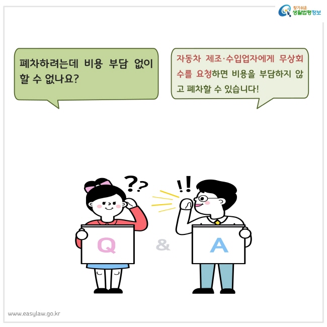 자동차 제조, 수입업자에게 무상회수를 요청하면 비용 부담 없이 폐차할 수 있습니다. 두 사람이 묻고 답하는 그림