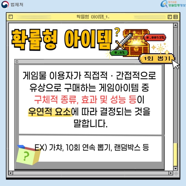 확률형 아이템  게임물 이용자가 직접적·간접적으로 유상으로 구매하는 게임아이템 중  구체적 종류, 효과 및 성능 등이 우연적 요소에 따라 결정되는 것을 말합니다.  EX) 가차, 10회 연속 뽑기, 랜덤박스 등