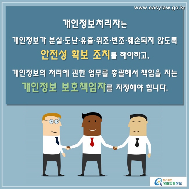 개인정보처리자는 개인정보가 분실·도난·유출·위조·변조·훼손되지 않도록 안전성 확보 조치를 해야하고, 개인정보의 처리에 관한 업무를 총괄해서 책임을 지는 개인정보 보호책임자를 지정해야 합니다.