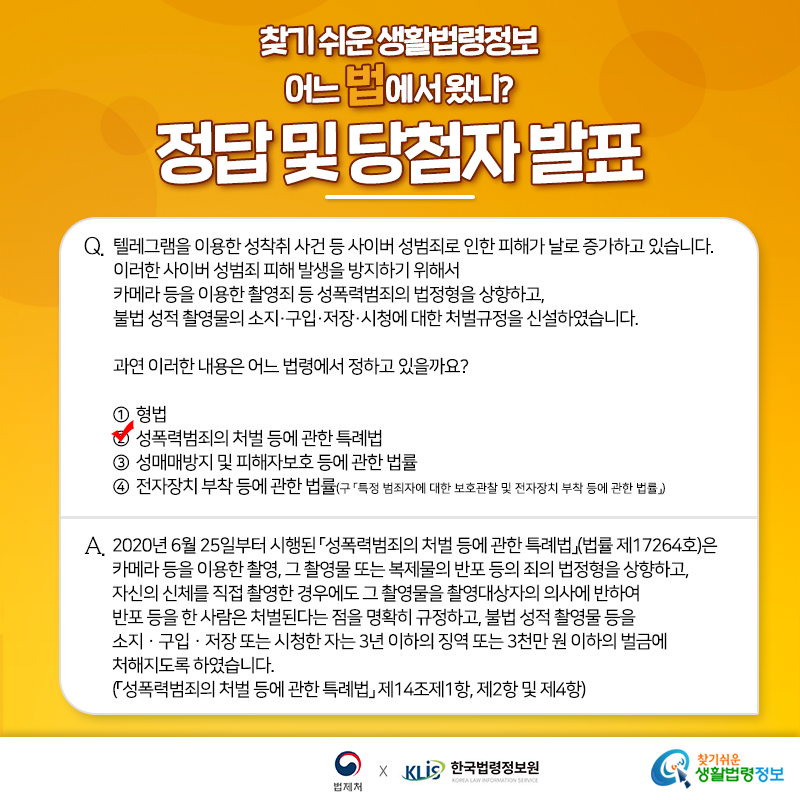 찾기 쉬운 생활법령정보 8월 퀴즈 이벤트어느 법에서 왔니?정답 및 당첨자 발표Q. 텔레그램을 이용한 성착취 사건 등 사이버 성범죄로 인한 피해가 날로 증가하고 있습니다. 이러한 사이버 성범죄 피해 발생을 방지하기 위해서 카메라 등을 이용한 촬영죄 등 성폭력범죄의 법정형을 상향하고, 불법 성적 촬영물의 소지·구입·저장·시청에 대한 처벌규정을 신설하였습니다.   과연 이러한 내용은 어느 법령에서 정하고 있을까요?   ① 형법   ② 성폭력범죄의 처벌 등에 관한 특례법   ③ 성매매방지 및 피해자보호 등에 관한 법률   ④ 특정 범죄자에 대한 보호관찰 및 전자장치 부착 등에 관한 법률정답: ② 성폭력범죄의 처벌 등에 관한 법률2020년 6월 25일부터 시행된 「성폭력범죄의 처벌 등에 관한 특례법」(법률 제17264호)은 카메라 등을 이용한 촬영, 그 촬영물 또는 복제물의 반포 등의 죄의 법정형을 상향하고, 자신의 신체를 직접 촬영한 경우에도 그 촬영물을 촬영대상자의 의사에 반하여 반포 등을 한 사람은 처벌된다는 점을 명확히 규정하고, 불법 성적 촬영물 등을 소지ㆍ구입ㆍ저장 또는 시청한 자는 3년 이하의 징역 또는 3천만 원 이하의 벌금에 처해지도록 하였습니다.(「성폭력범죄의 처벌 등에 관한 특례법」 제14조제1항, 제2항 및 제4항)