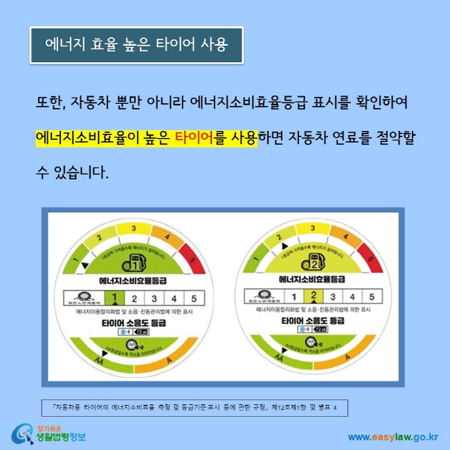 또한, 자동차 뿐만 아니라 에너지소비효율등급 표시를 확인하여  에너지소비효율이 높은 타이어를 사용하면 자동차 연료를 절약할 수 있습니다. 