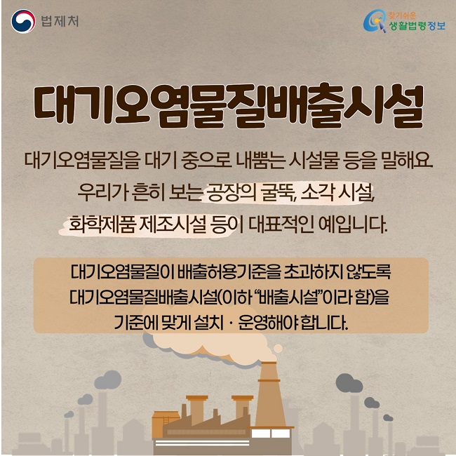 대기오염물질배출시설: 대기오염물질을 대기 중으로 내뿜는 시설물 등을 말해요. 우리가 흔히 보는 공장의 굴뚝,&nbsp;소각 시설,&nbsp;화학제품 제조시설 등이&nbsp;대표적인 예입니다. 대기오염물질이 배출허용기준을 초과하지 않도록  대기오염물질배출시설(이하 “배출시설”이라 함)을&nbsp; 기준에 맞게&nbsp;설치ㆍ운영해야 합니다. 