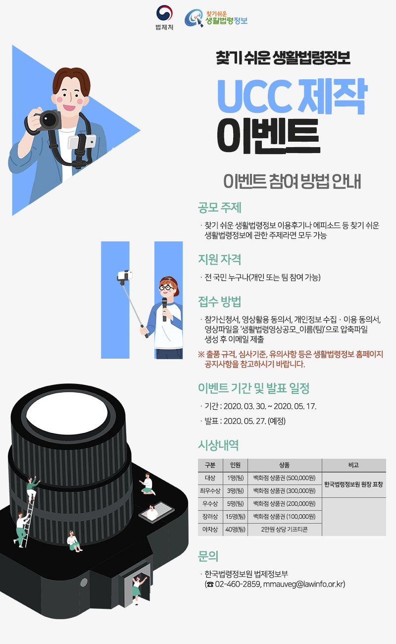 찾기 쉬운 생활법령정보에서 UCC 제작 이벤트를 공모합니다.&#10;○ 공모 주제 &#10;  - 찾기 쉬운 생활법령정보 이용후기나 에피소드 등 찾기 쉬운 생활법령정보에 관한 주제라면 모두 가능&#10;&#10; ○ 지원자격 &#10;  - 전 국민 누구나(개인 또는 팀 참여 가능)&#10;&#10; ○ 접수기간 및 접수방법&#10;  - 접수기간 : 2020. 3. 30.(월) ~ 2020. 5. 17.(일) &#10;  - 접수방법 : ① 참가신청서, ② 영상활용 동의서, ③ 개인정보 수집·이용 동의서, ④영상파일을 ‘생활법령영상공모_이름(팀)’으로 압축파일 생성 후   이메일(mmauveg@lawinfo.or.kr) 제출 &#10;&#10;    * 메일 제목을 반드시 생활법령영상공모_이름(팀)으로 발송&#10;&#10; ○ 출품규격&#10;  - 영상 유형 : 자유 형식의 모든 영상 창작물&#10;  - 영상 길이 : 2분 이상 ~ 3분 이내  &#10;  - 파일형식 : mp4, mow, wmv&#10;  - 해상도 : 1920 X 1080이상(용량 1GB 이내)&#10;  - 출품수량 : 제한없음(단, 중복수상 불가)   &#10;&#10; ○ 심사기준&#10;  - 주제의 적합성, 공감도, 활용도, 전달성, 흥미성 등을 종합적으로 심사&#10;&#10; ○ 수상작 발표&#10;  - 2020. 5. 27. (예정)&#10;&#10;○ 시상내역&#10;대상(한국법령정보원 원장 표창): 1명(팀)/백화점 상품권(500,000원)&#10;최우수상(한국법령정보원 원장 표창): 3명(팀)/백화점 상품권(300,000원)&#10;우수상: 5명(팀)/백화점 상품권(200,000원)&#10;장려상: 10명(팀)/백화점 상품권(100,000원)&#10;아차상: 40명(팀)/2만원 상당 기프티콘&#10;&#10; ○ 문의&#10;  -  한국법령정보원 법제정보부(☎02-460-2859, mmauveg@lawinfo.or.kr)