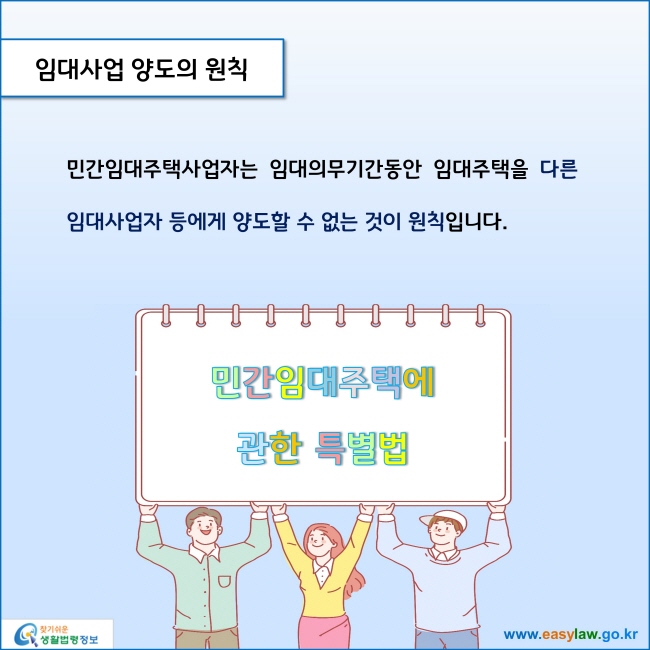 www.easylaw.go.kr 임대사업 양도의 원칙 민간임대주택사업자는 임대의무기간동안 임대주택을 다른 임대사업자 등에게 양도할 수 없는 것이 원칙입니다. 