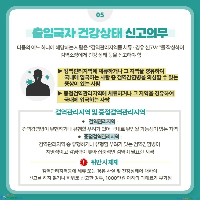 다음의 어느 하나에 해당하는 사람은 “검역관리지역등 체류 · 경유 신고서”를 작성하여 검역소장에게 건강 상태 등을 신고해야 함(▶ 검역관리지역에 체류하거나 그 지역을 경유하여    국내에 입국하는 사람 중 검역감염병을 의심할 수 있는    증상이 있는 사람 / ▶ 중점검역관리지역에 체류하거나 그 지역을 경유하여    국내에 입국하는 사람),  검역관리지역 : 검역감염병이 유행하거나 유행할 우려가 있어 국내로 유입될 가능성이 있는 지역 / 중점검역관리지역 : 검역관리지역 중 유행하거나 유행할 우려가 있는 검역감염병이 치명적이고 감염력이 높아 집중적인 검역이 필요한 지역. 위반 시 제재: 검역관리지역등에 체류 또는 경유 사실 및 건강상태에 대하여 신고를 하지 않거나 허위로 신고한 경우, 1000만원 이하의 과태료가 부과됨