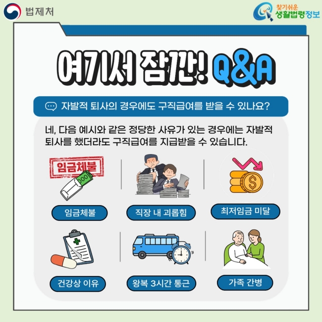 여기서 잠깐!&nbsp;Q&A 자발적 퇴사의 경우에도 구직급여를 받을 수 있나요? 네, 다음 예시와 같은 정당한 사유가 있는 경우에는 자발적 퇴사를 했더라도 구직급여를 지급받을 수 있습니다. 임금체불 직장 내 괴롭힘 최저임금 미달 건강상 이유 왕복 3시간 통근 가족 간병