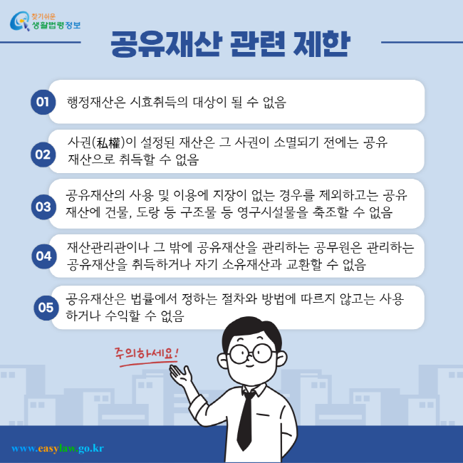 행정재산은 시효취득의 대상이 될 수 없음 02 사권(私權)이 설정된 재산은 그 사권이 소멸되기 전에는 공유재산으로 취득할 수 없음 03 공유재산의 사용 및 이용에 지장이 없는 경우를 제외하고는 공유재산에 건물, 도랑 등 구조물 등 영구시설물을 축조할 수 없음 04 재산관리관이나 그 밖에 공유재산을 관리하는 공무원은 관리하는 공유재산을 취득하거나 자기 소유재산과 교환할 수 없음 05 공유재산은 법률에서 정하는 절차와 방법에 따르지 않고는 사용하거나 수익할 수 없음 주의하세요!