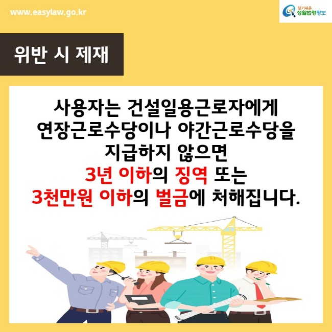 www.easylaw.go.kr찾기쉬운생활법령정보위반 시 제재사용자는 건설일용근로자에게 연장근로수당이나 야간근로수당을 지급하지 않으면 3년 이하의 징역 또는 3천만원 이하의 벌금에 처해집니다.