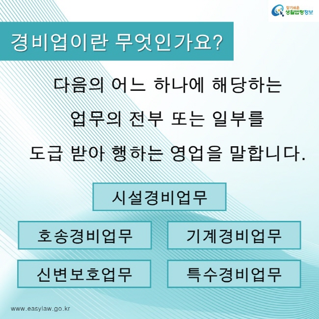 찾기쉬운생활법령정보 로고
www.easylaw.go.kr
경비업이란 무엇인가요?
다음의 어느 하나에 해당하는 
업무의 전부 또는 일부를 
도급 받아 행하는 영업을 말합니다.
시설경비업무
호송경비업무
기계경비업무
신변보호업무