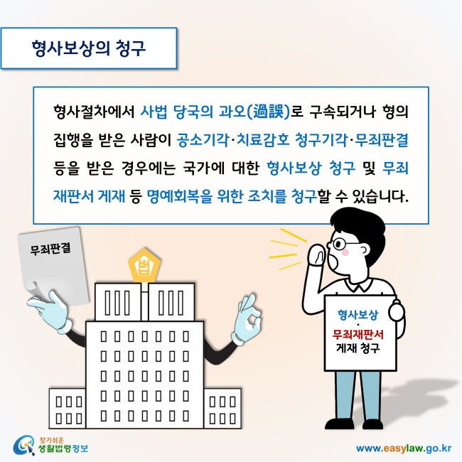 형사보상의 청구

형사절차에서 사법 당국의 과오(過誤)로 구속되거나 형의 집행을 받은 사람이 공소기각·치료감호 청구기각·무죄판결 등을 받은 경우에는 국가에 대한 형사보상 청구 및 무죄재판서 게재 등 명예회복을 위한 조치를 청구할 수 있습니다. 