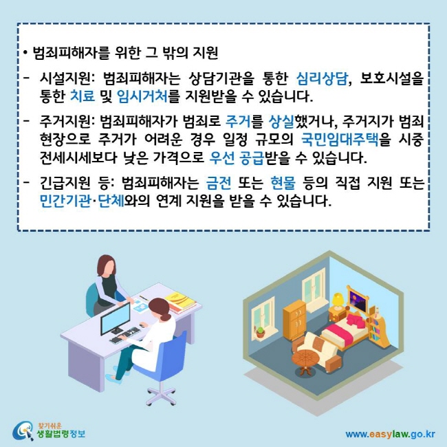 • 범죄피해자를 위한 그 밖의 지원
시설지원: 범죄피해자는 상담기관을 통한 심리상담, 보호시설을 통한 치료 및 임시거처를 지원받을 수 있습니다.
주거지원: 범죄피해자가 범죄로 주거를 상실했거나, 주거지가 범죄현장으로 주거가 어려운 경우 일정 규모의 국민임대주택을 시중 전세시세보다 낮은 가격으로 우선 공급받을 수 있습니다.
긴급지원 등: 범죄피해자는 금전 또는 현물 등의 직접 지원 또는 민간기관·단체와의 연계 지원을 받을 수 있습니다.
찾기쉬운 생활법령정보 로고
www.easylaw.go.kr