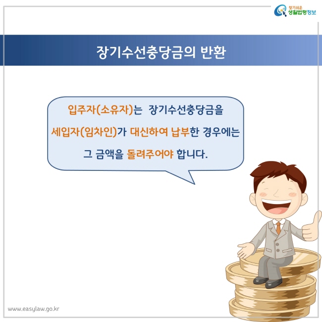 입주자(소유자)는  장기수선충당금을 
세입자(임차인)가 대신하여 납부한 경우에는 
그 금액을 돌려주어야 합니다.
