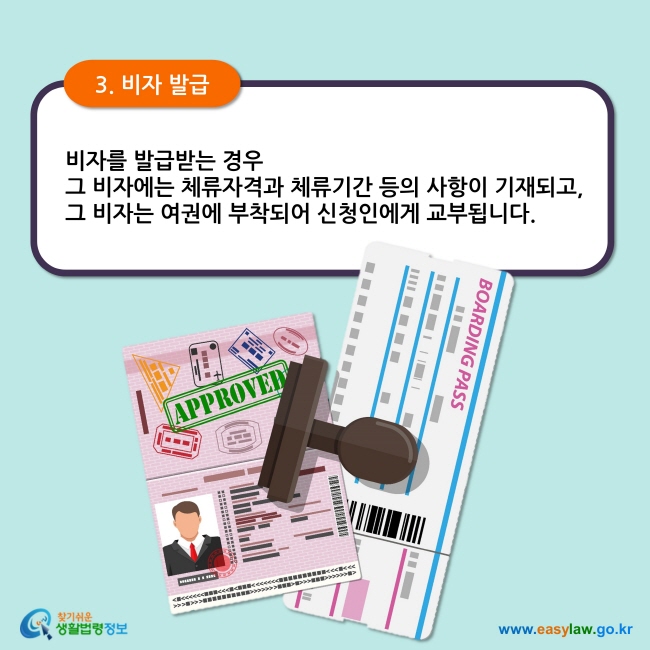 3. 비자 발급 비자를 발급받는 경우  그 비자에는 체류자격과 체류기간 등의 사항이 기재되고,  그 비자는 여권에 부착되어 신청인에게 교부됩니다.