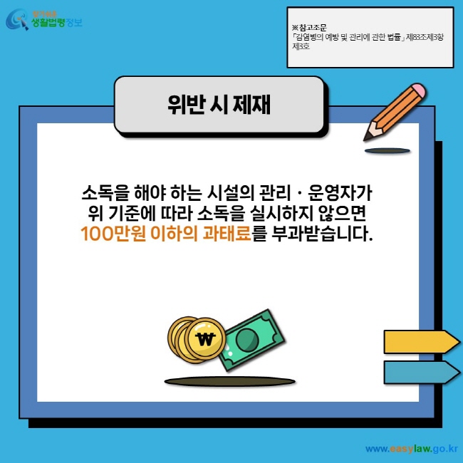 위반 시 제재 소독을 해야 하는 시설의 관리ㆍ운영자가  위 기준에 따라 소독을 실시하지 않으면  100만원 이하의 과태료를 부과받습니다.  ※ 참고조문 「감염병의 예방 및 관리에 관한 법률」 제83조제3항제3호