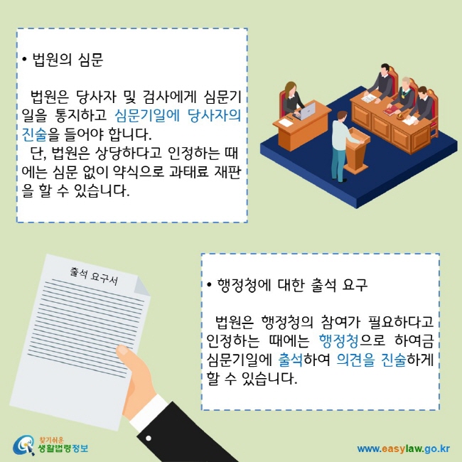 • 법원의 심문
법원은 당사자 및 검사에게 심문기일을 통지하고 심문기일에 당사자의 진술을 들어야 합니다.
단, 법원은 상당하다고 인정하는 때에는 심문 없이 약식으로 과태료 재판을 할 수 있습니다.
• 행정청에 대한 출석 요구
법원은 행정청의 참여가 필요하다고 인정하는 때에는 행정청으로 하여금 심문기일에 출석하여 의견을 진술하게 할 수 있습니다.
찾기쉬운 생활법령정보 로고 
www.easylaw.go.kr