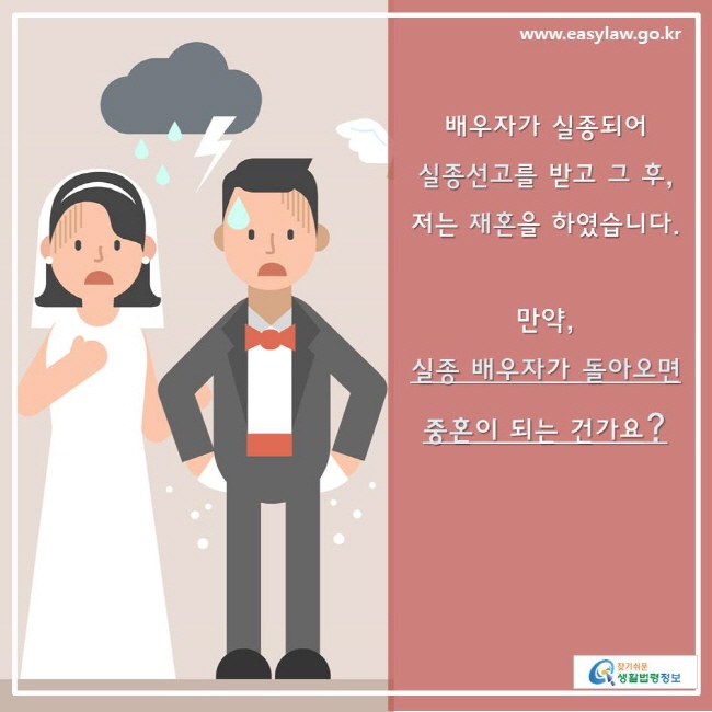 찾기쉬운생활법령정보 www.easylaw.go.kr 
배우자가 실종되어  실종선고를 받고 그 후, 저는 재혼을 하였습니다.  만약,  실종 배우자가 돌아오면 중혼이 되는 건가요? 
