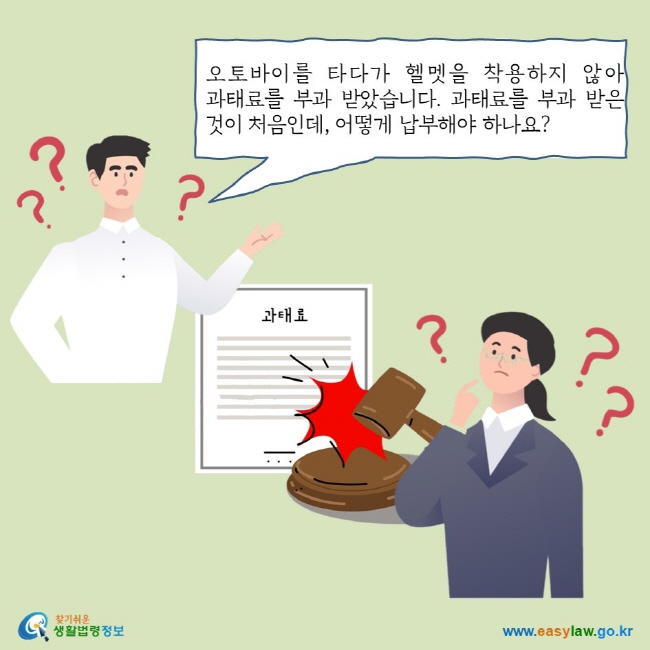 오토바이를 타다가 헬멧을 착용하지 않아 과태료를 부과 받았습니다. 과태료를 부과 받은 것이 처음인데, 어떻게 납부해야 하나요?
찾기쉬운 생활법령정보 로고 
www.easylaw.go.kr