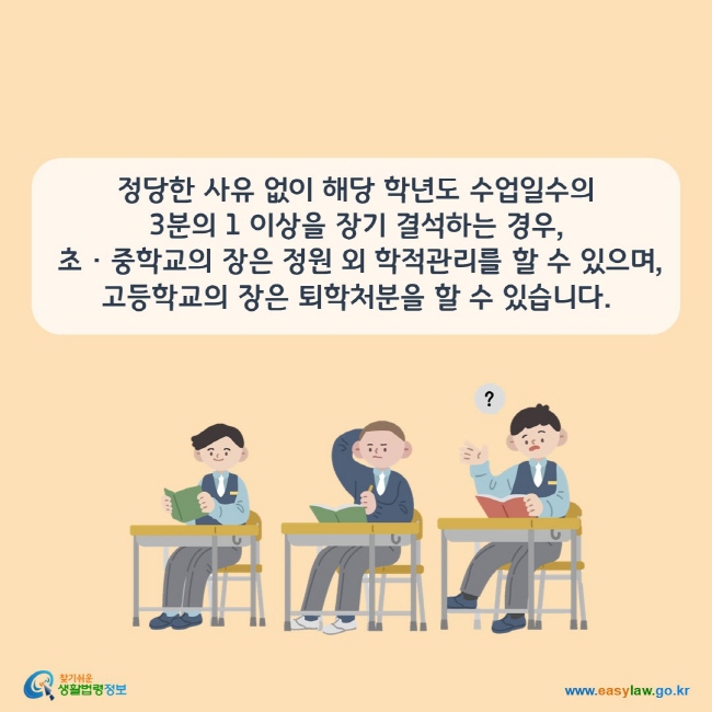 정당한 사유 없이 해당 학년도 수업일수의  3분의 1 이상을 장기 결석하는 경우,  초 · 중학교의 장은 정원 외 학적관리를 할 수 있으며,  고등학교의 장은 퇴학처분을 할 수 있습니다. 