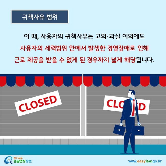 이 때, 사용자의 귀책사유는 고의·과실 이외에도  사용자의 세력범위 안에서 발생한 경영장애로 인해  근로 제공을 받을 수 없게 된 경우까지 넓게 해당됩니다.