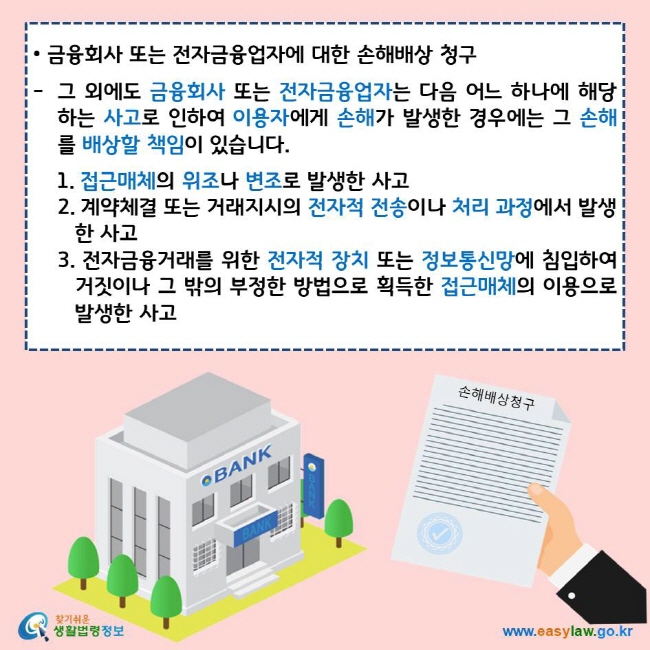 금융회사 또는 전자금융업자에 대한 손해배상 청구
그 외에도 금융회사 또는 전자금융업자는 다음 어느 하나에 해당하는 사고로 인하여 이용자에게 손해가 발생한 경우에는 그 손해를 배상할 책임이 있습니다.
1. 접근매체의 위조나 변조로 발생한 사고
2. 계약체결 또는 거래지시의 전자적 전송이나 처리 과정에서 발생한 사고
3. 전자금융거래를 위한 전자적 장치 또는 정보통신망에 침입하여 거짓이나 그 밖의 부정한 방법으로 획득한 접근매체의 이용으로 발생한 사고
찾기쉬운 생활법령정보 로고
www.easylaw.go.kr