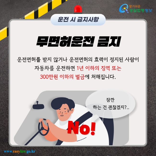 무면허운전 금지 운전면허를 받지 않거나 운전면허의 효력이 정지된 사람이 자동차를 운전하면 1년 이하의 징역 또는 300만원 이하의 벌금에 처해집니다. 잠깐 하는 건 괜찮겠지?.. No!