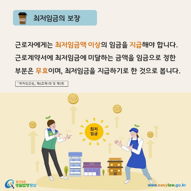 www.easylaw.go.kr 최저임금의 보장 근로자에게는 최저임금액 이상의 임금을 지급해야 합니다. 근로계약서에 최저임금에 미달하는 금액을 임금으로 정한 부분은 무효이며, 최저임금을 지급하기로 한 것으로 봅니다. 「최저임금법」 제6조제1항 및 제3항