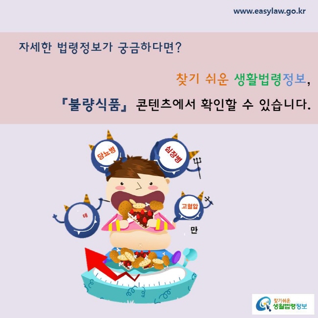 자세한 법령정보가 궁금하다면? 찾기 쉬운 생활법령정보, 「불량식품」 콘텐츠에서 확인할 수 있습니다.