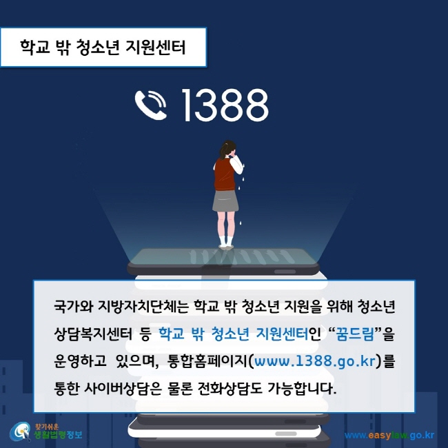 학교 밖 청소년 지원센터국가와 지방자치단체는 학교 밖 청소년 지원을 위해 청소년상담복지센터 등 학교 밖 청소년 지원센터인 “꿈드림"을 운영하고 있으며, 통합홈페이지(www.1388.go.kr)를 통한 사이버상담은 물론 전화상담도 가능합니다.     