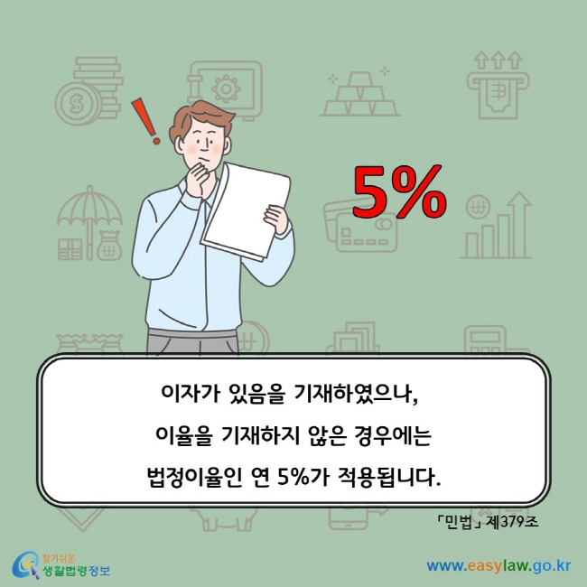 이자가 있음을 기재하였으나, 이율을 기재하지 않은 경우에는 법정이율인 연 5%가 적용됩니다. 「민법」 제379조