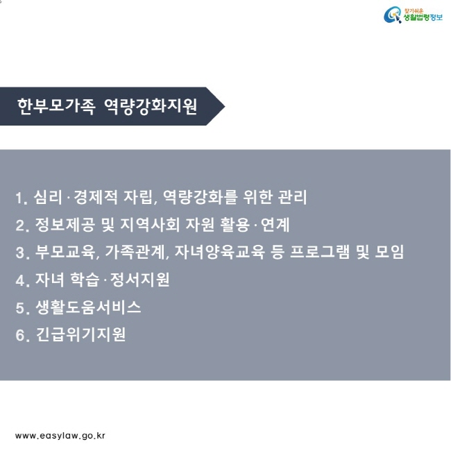 한부모가족 역량강화지원
1. 심리· 경제적 자립, 역량강화를 위한 관리
  2. 정보제공 및 지역사회 자원 활용· 연계
  3. 부모교육, 가족관계, 자녀양육교육 등 프로그램 및 모임
  4. 자녀 학습· 정서지원
  5. 생활도움서비스
  6. 긴급위기지원
