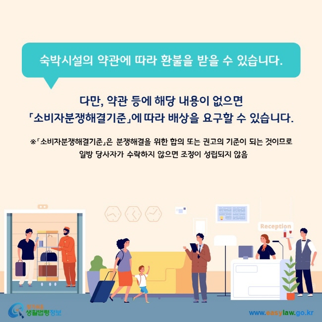 숙박시설의 약관에 따라 환불을 받을 수 있습니다. 다만, 약관 등에 해당 내용이 없으면 「소비자분쟁해결기준」에 따라 배상을 요구할 수 있습니다. ※「소비자분쟁해결기준」은 분쟁해결을 위한 합의 또는 권고의 기준이 되는 것이므로 일방 당사자가 수락하지 않으면 조정이 성립되지 않음