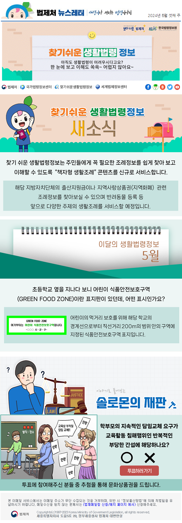 법제처 뉴스레터 새령이가 전하는 법령이야기 2024년 5월 셋째 주 보다 나은 법제처 KLiS한국법령정보원 찾기 쉬운 생활법령 정보 아직도 생활법령이 어려우시다고요? 한 눈에 보고 이해도 쏙쏙~ 어렵지 않아요~ 찾기 쉬운 생활법령정보는 주민들에게 꼭 필요한 조례정보를 쉽게 찾아 보고 이해할 수 있도록  “책자형 생활조례” 콘텐츠를 신규로 서비스합니다. 해당 지방자치단체의 출산지원금이나 지역사랑상품권(지역화폐) 관련 조례정보를 찾아보실 수 있으며 반려동물 등록 등 앞으로 다양한 주제의 생활조례를 서비스할 예정입니다. 이달의 생활법령정보 5월 초등학교 옆을 지나다 보니 어린이 식품안전보호구역 (GREEN FOOD ZONE)이란 표지판이 있던데, 어떤 표시인가요? GREEN FOOD ZONE 여기서부터는 어린이 식품안전보호구역입니다. -000 시ㆍ군ㆍ구- 어린이의 먹거리 보호를 위해 해당 학교의 경계선으로부터 직선거리 200m의 범위 안의 구역에 지정된 식품안전보호구역 표지입니다. 이야기로 풀어보는 솔로몬의 재판 법률 교육상 부적절 담임 교체!! 민원 민원 민원 학부모의 지속적인 담임교체 요구가 교육활동 침해행위인 반복적인 부당한 간섭에 해당하나요? O X 투표하러 가기 투표에 참여해주신 분들 중 추첨을 통해 문화상품권을 드립니다.