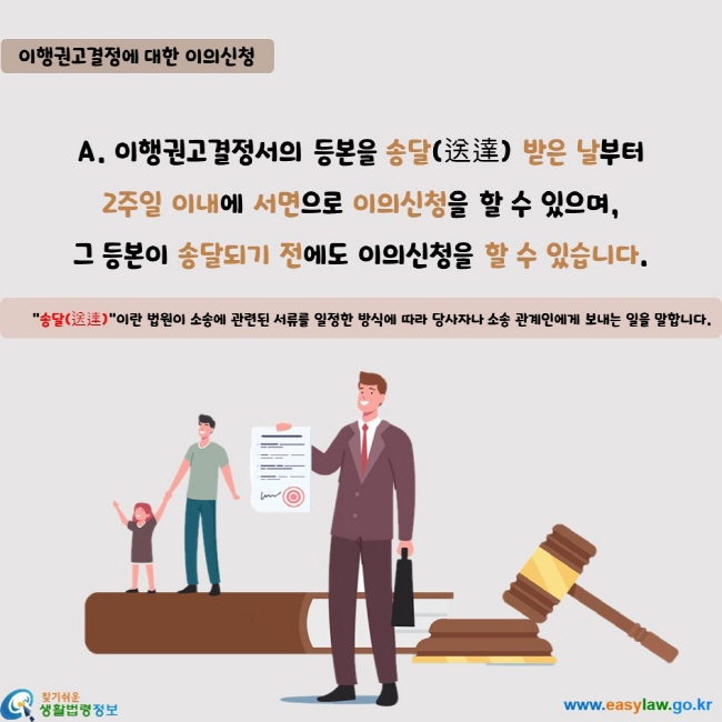 이행권고결정서의 등본을 송달(送達) 받은 날부터  2주일 이내에 서면으로 이의신청을 할 수 있으며,  그 등본이 송달되기 전에도 이의신청을 할 수 있습니다.