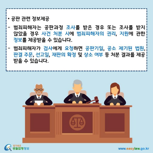 • 공판 관련 정보제공
범죄피해자는 공판과정 조사를 받은 경우 또는 조사를 받지 않았을 경우 사건 처분 시에 범죄피해자의 권리, 지원에 관한 정보를 제공받을 수 있습니다.
범죄피해자가 검사에게 요청하면 공판기일, 공소 제기된 법원, 판결 주문, 선고일, 재판의 확정 및 상소 여부 등 처분 결과를 제공받을 수 있습니다. 
찾기쉬운 생활법령정보 로고
www.easylaw.go.kr