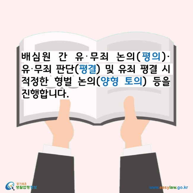 배심원 간 유·무죄 논의(평의), 유·무죄 판단(평결) 및 유죄 평결 시 적정한 형벌 논의(양형 토의) 등을 진행합니다. 찾기쉬운 생활법령정보 로고 www.easylaw.go.kr