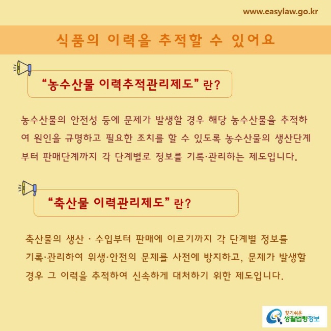 “농수산물 이력추적관리제도” 란?
농수산물의 안전성 등에 문제가 발생할 경우 해당 농수산물을 추적하여 원인을 규명하고 필요한 조치를 할 수 있도록 농수산물의 생산단계부터 판매단계까지 각 단계별로 정보를 기록·관리하는 제도입니다.  

  “축산물 이력관리제도” 란?
축산물의 생산 · 수입부터 판매에 이르기까지 각 단계별 정보를 
기록·관리하여 위생·안전의 문제를 사전에 방지하고, 문제가 발생할 경우 그 이력을 추적하여 신속하게 대처하기 위한 제도입니다.